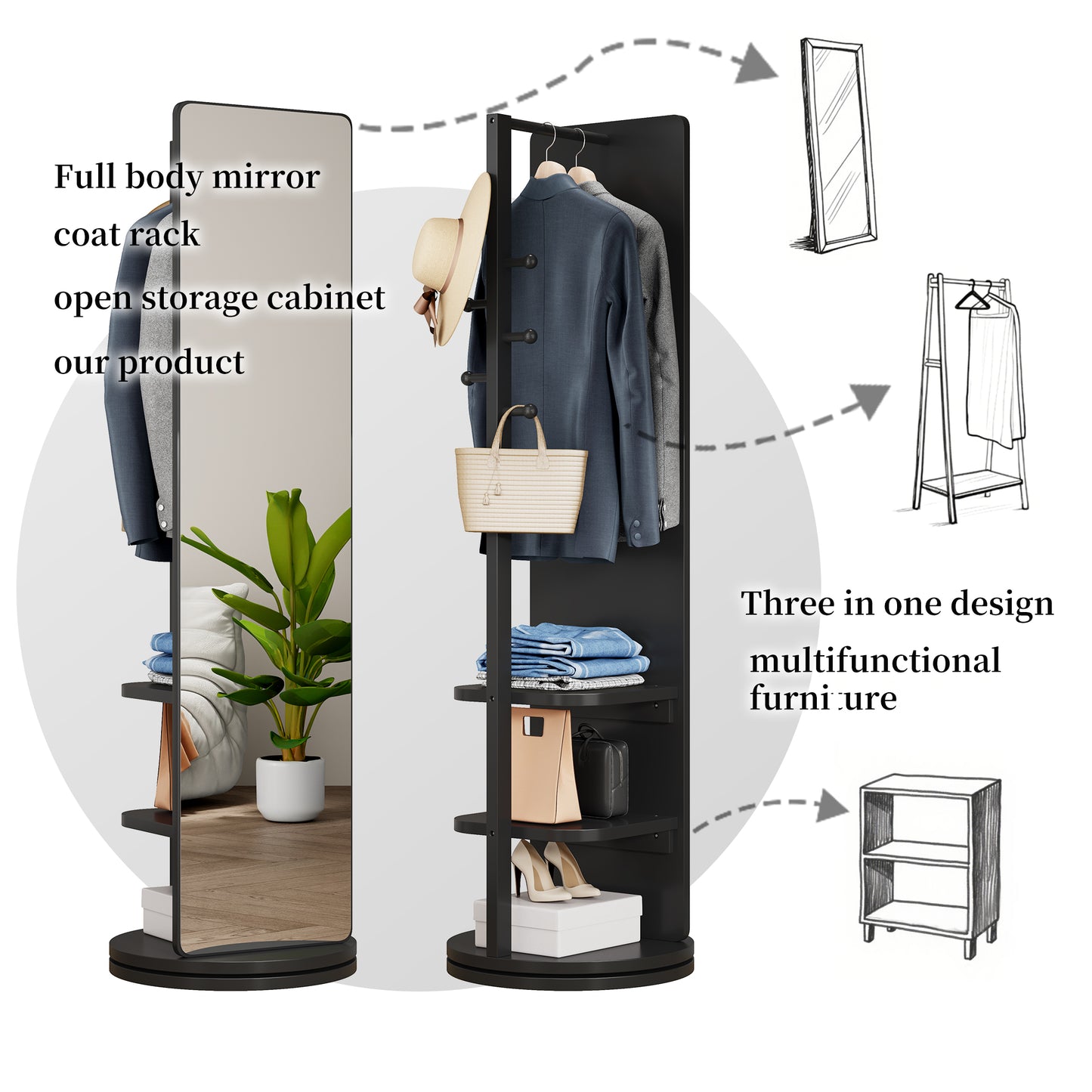 360 Rotating 69x20in Multifunctional Full Length Mirror With Hook