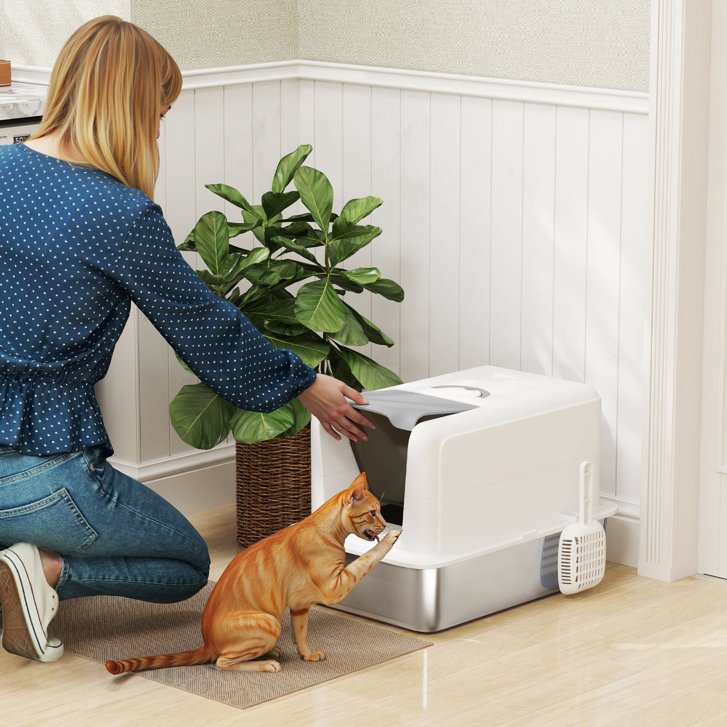 2-in-1 Stainless Steel Cat Litter Box with Removable Lid & Filter Bags