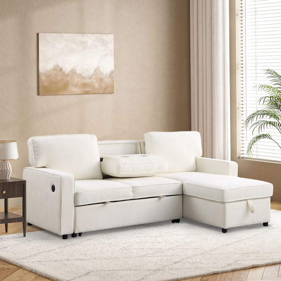 Upholstery Sleeper Sectional Sofa with Storage & USB Port - Beige