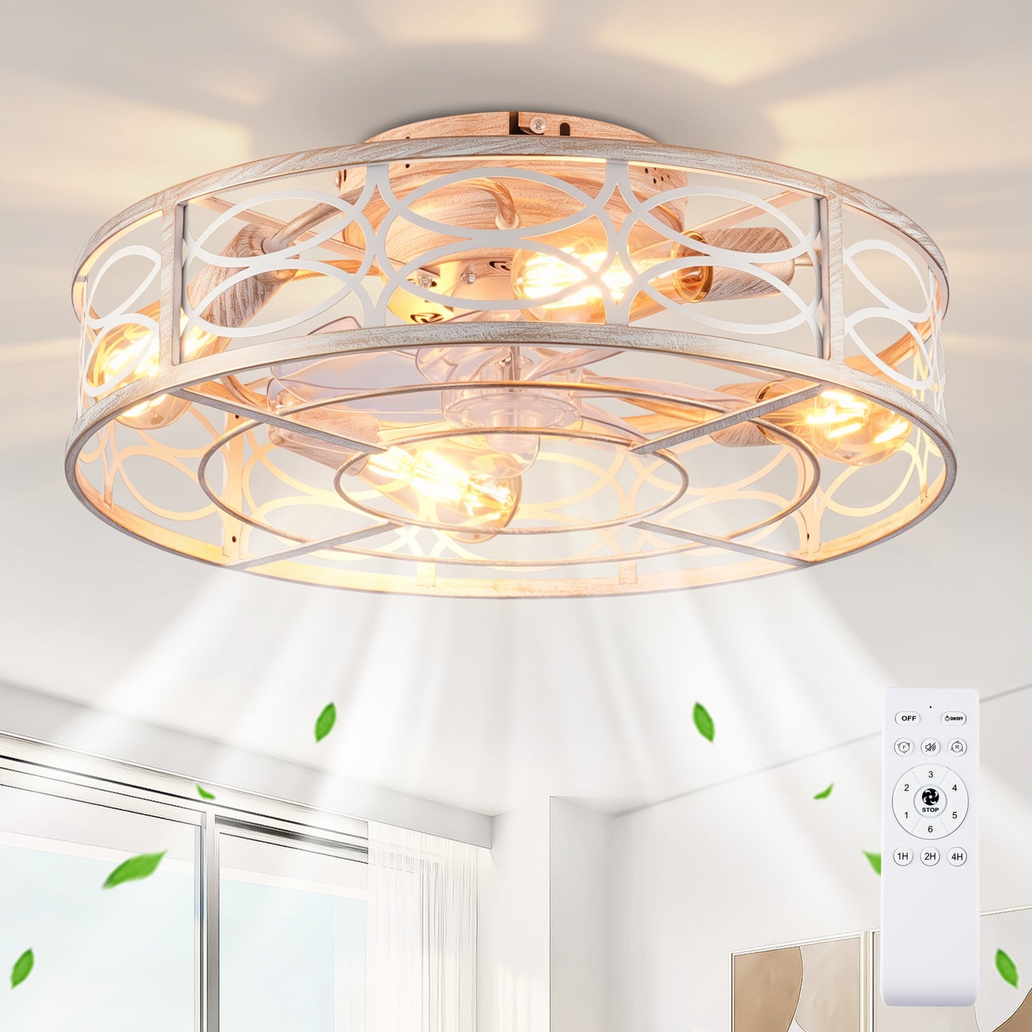 20" Retro White Caged Ceiling Fan with Lights & Remote Control