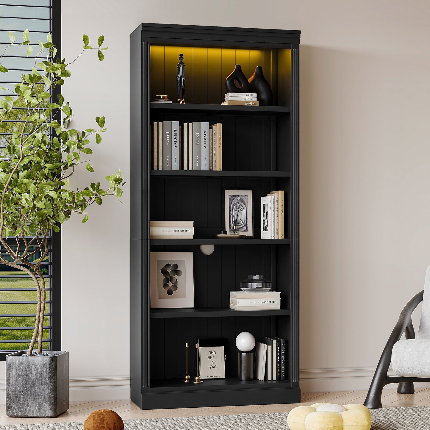 83.4 Tall Wood Bookcase With Light Strip,5-Tier Decor Bookshelves