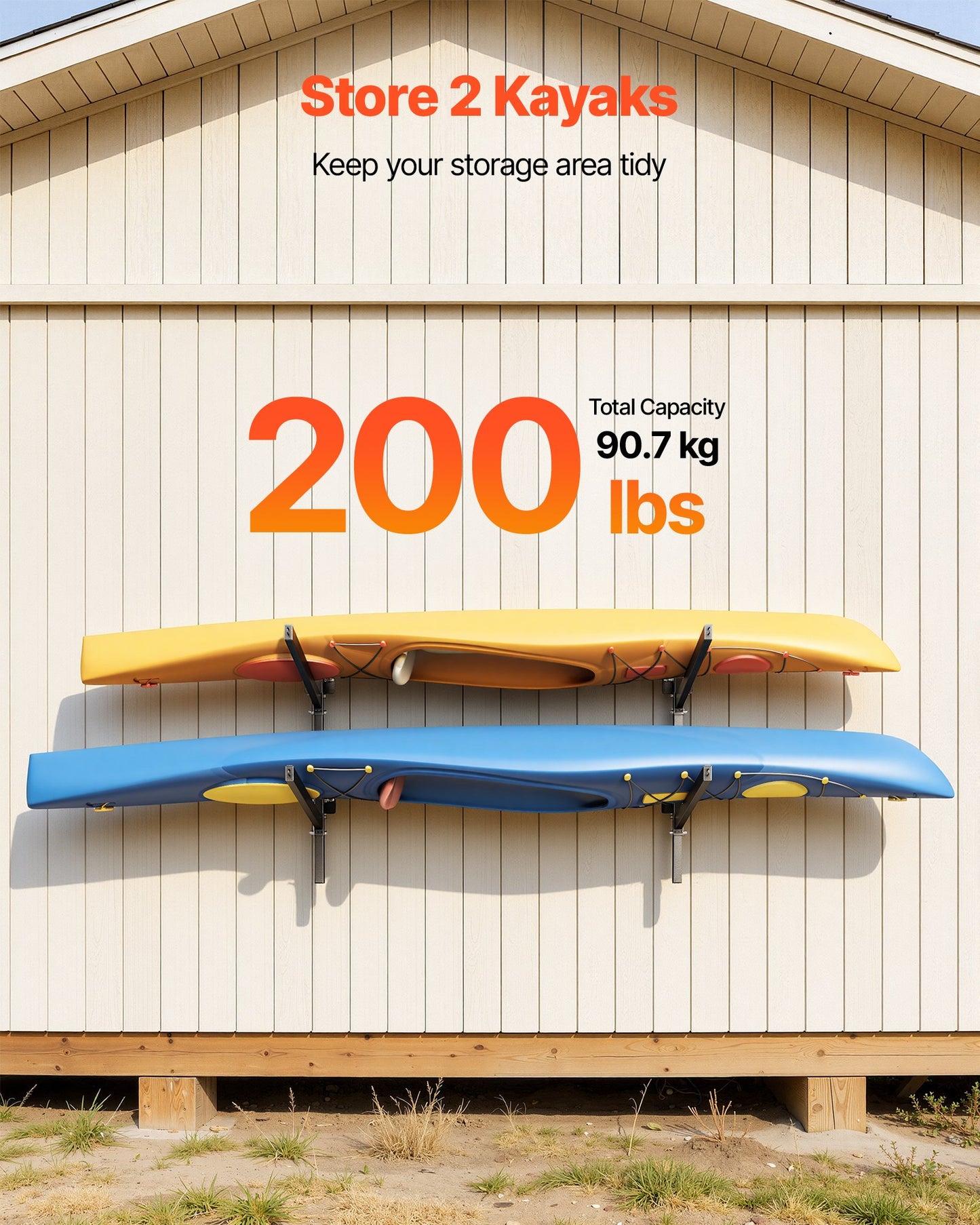 Heavy Duty Wall Mount Kayak Storage Rack for 2 Kayaks Canoes SUP Boards - Adjustable, Holds 200 lbs