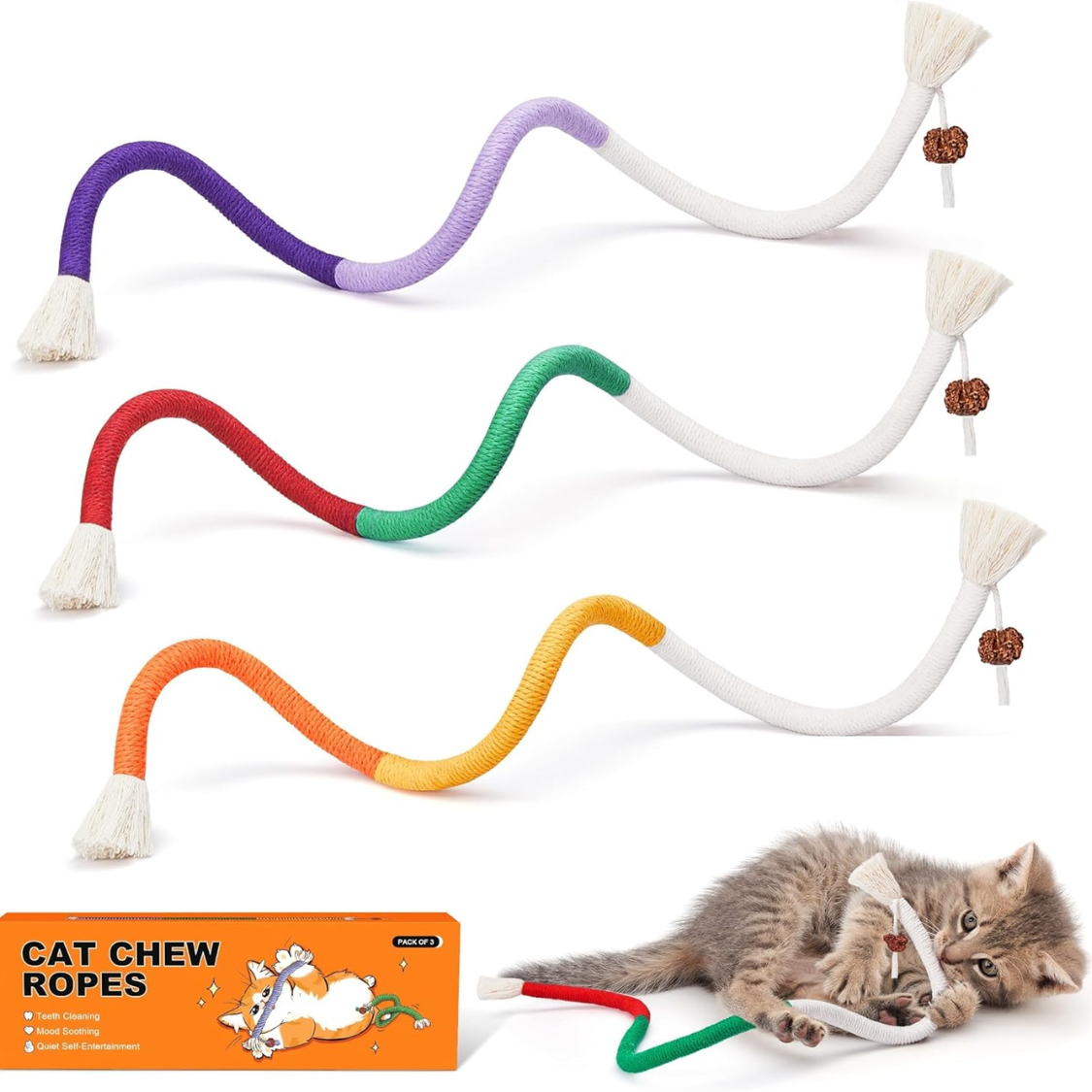 Multicolor Cat Chew Ropes with Refillable Natural Catnip - Teething & Dental Care Toys