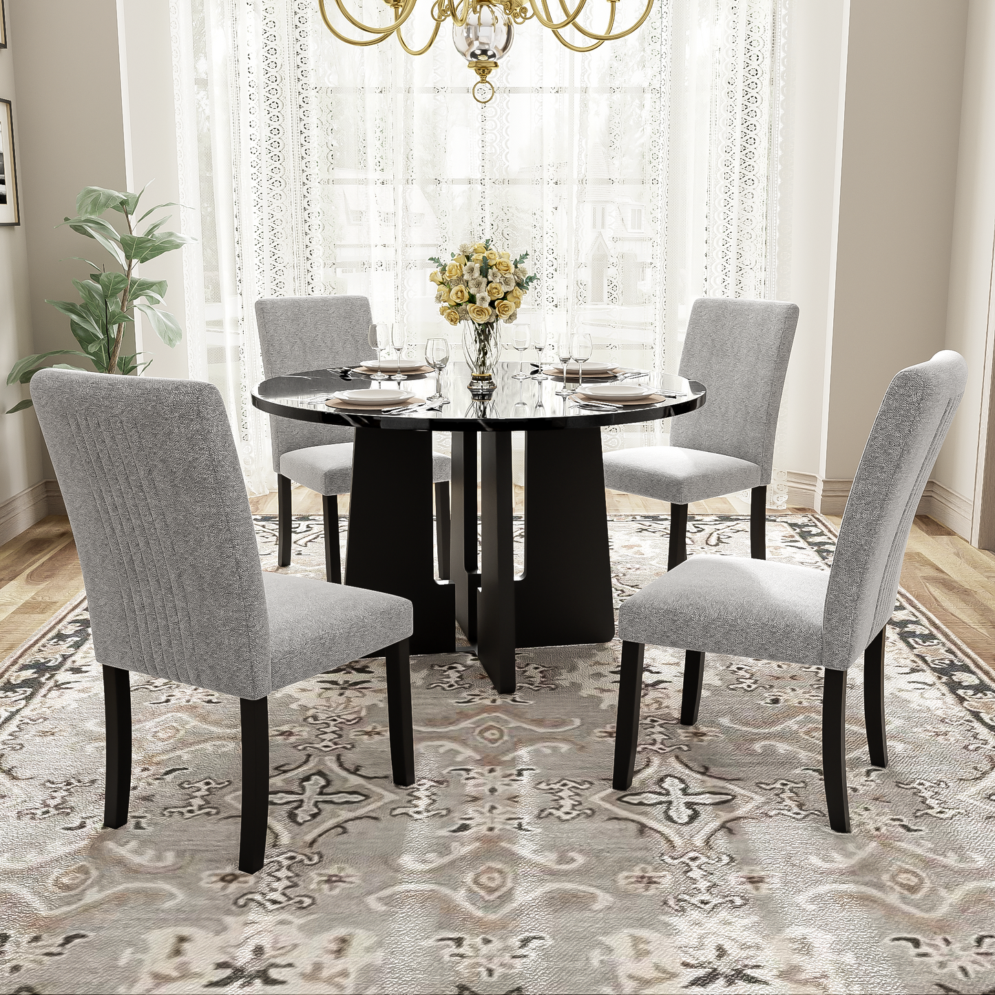 Round Dining Table For 4, 43-Inch Faux Marble Top, Mid-Century Modern