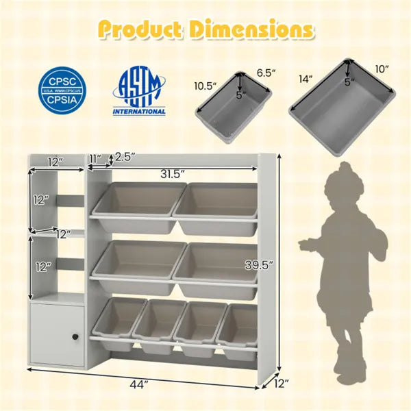 Kids Toy Organizer (Grey) - 44"x12"x39.5", 8 Storage Boxes, Open