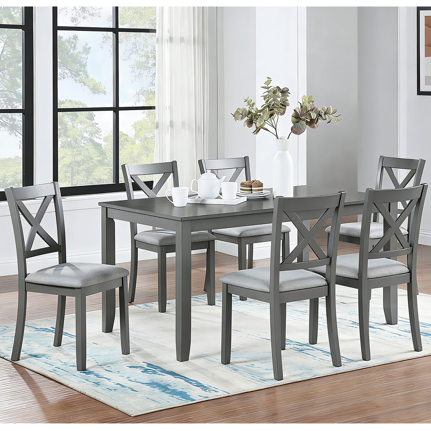 Modern 7-Piece Solid Wood Dining Table Set with 6 Chairs - Grey