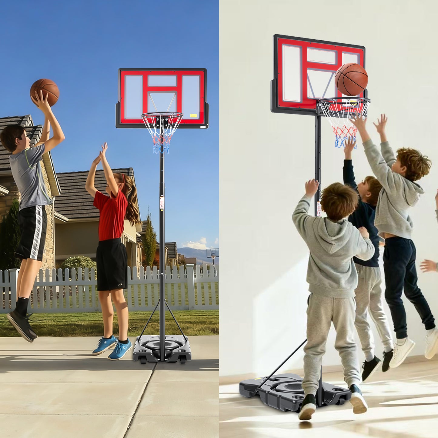 Adjustable Height Portable Basketball Hoop - 44 Inch Backboard, Red