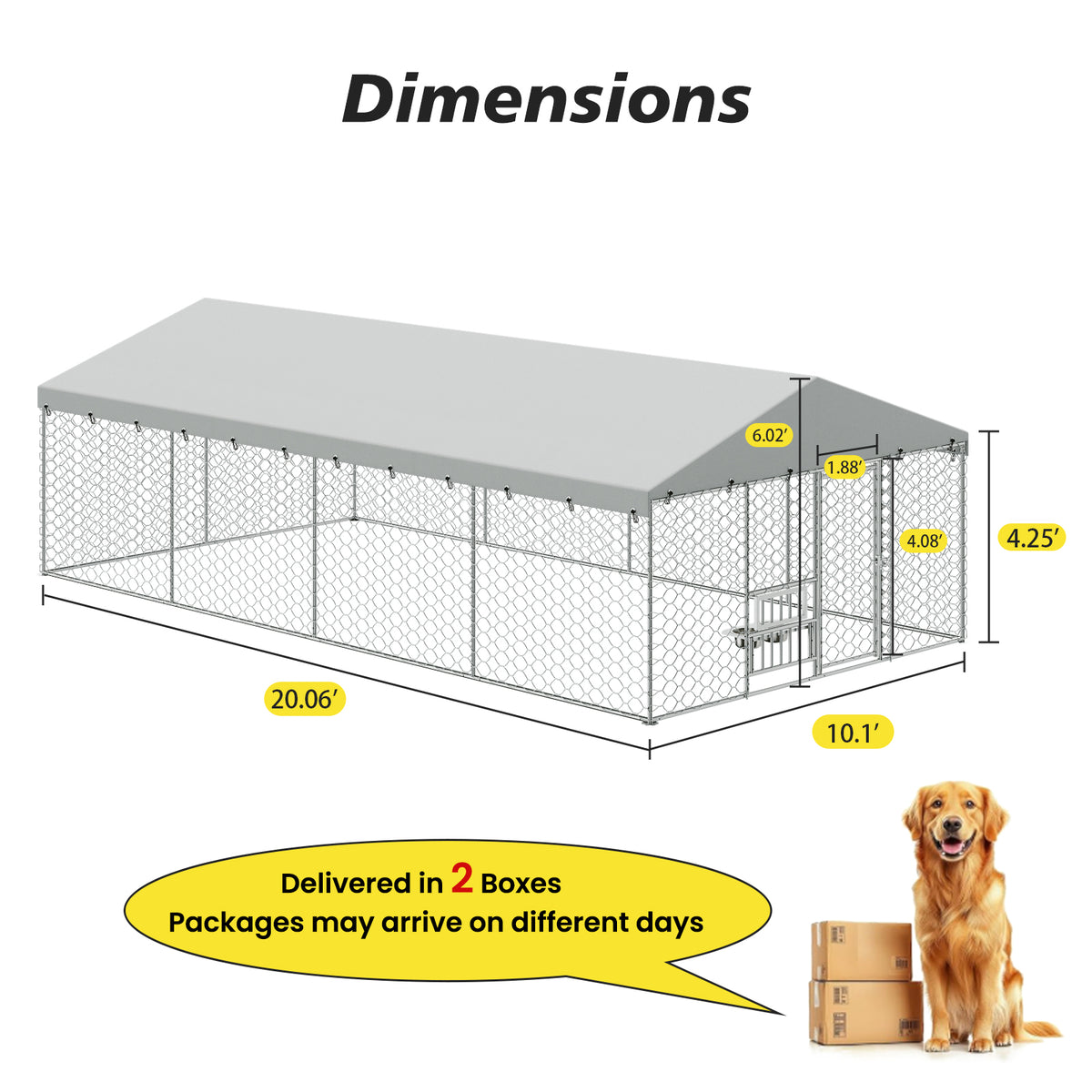 Large Outdoor Dog Kennel with Canopy - Heavy Duty Galvanized Steel Frame, Waterproof Cover, Elevated Feeders, Escape-Proof Locking Pet Run