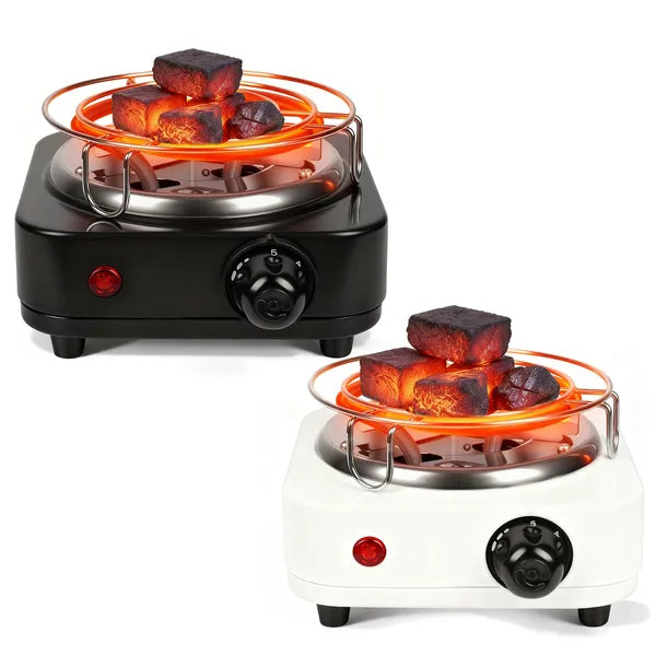 500W Charcoal Burner with Thermostat Control & Tongs - Black