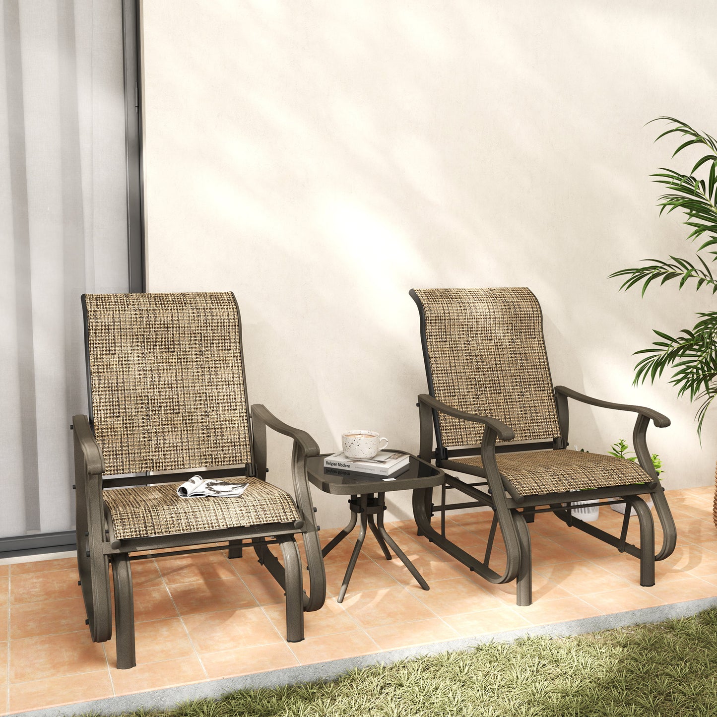 3-Piece Outdoor Glider Set with Steel Frame & Glass Table - Brown
