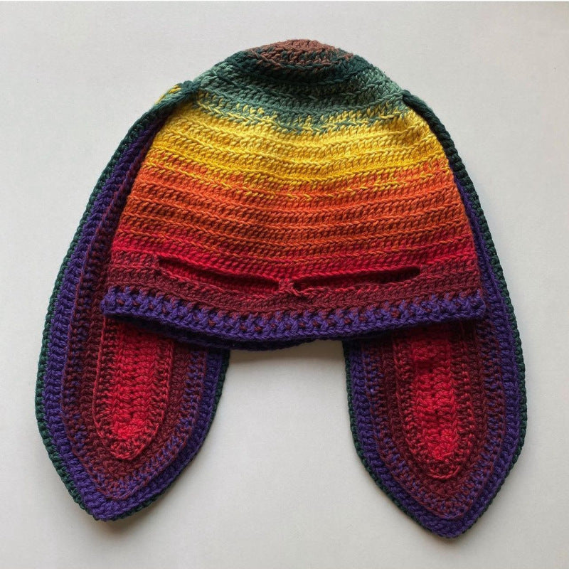 Knitted Rabbit Ear Mask Hat - Funny One-Eye Exposed Horn Thermal & Windproof