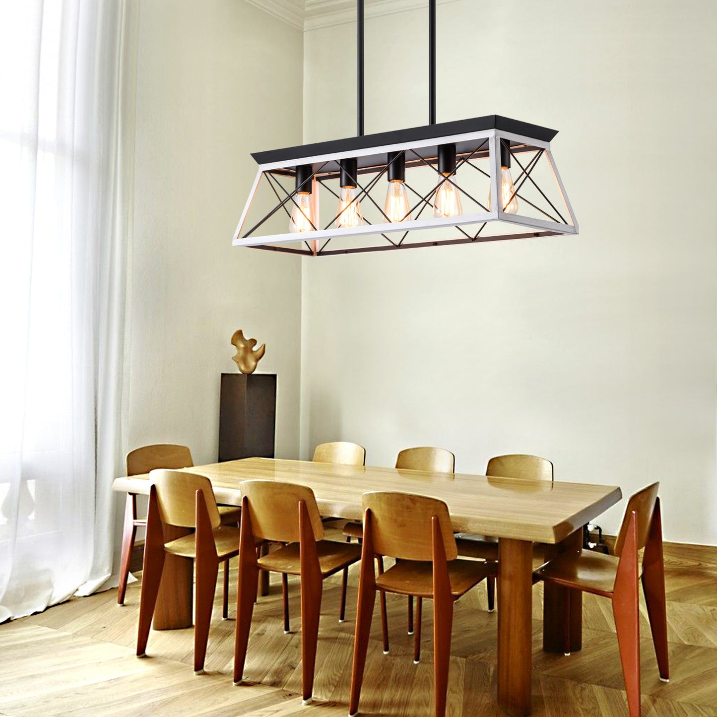 32-Inch Black & White Industrial 5-Light Pendant Chandelier - Adjustable Hanging Light
