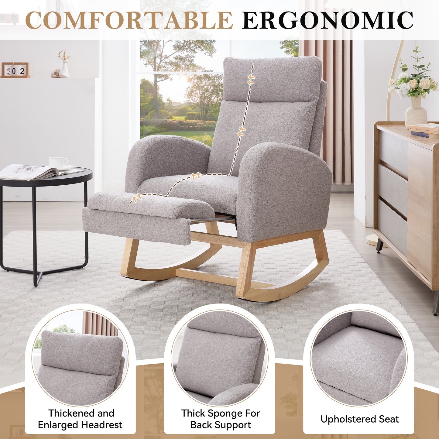 Modern Teddy Fabric Rocking Chair with Adjustable Footstool - Light Gray