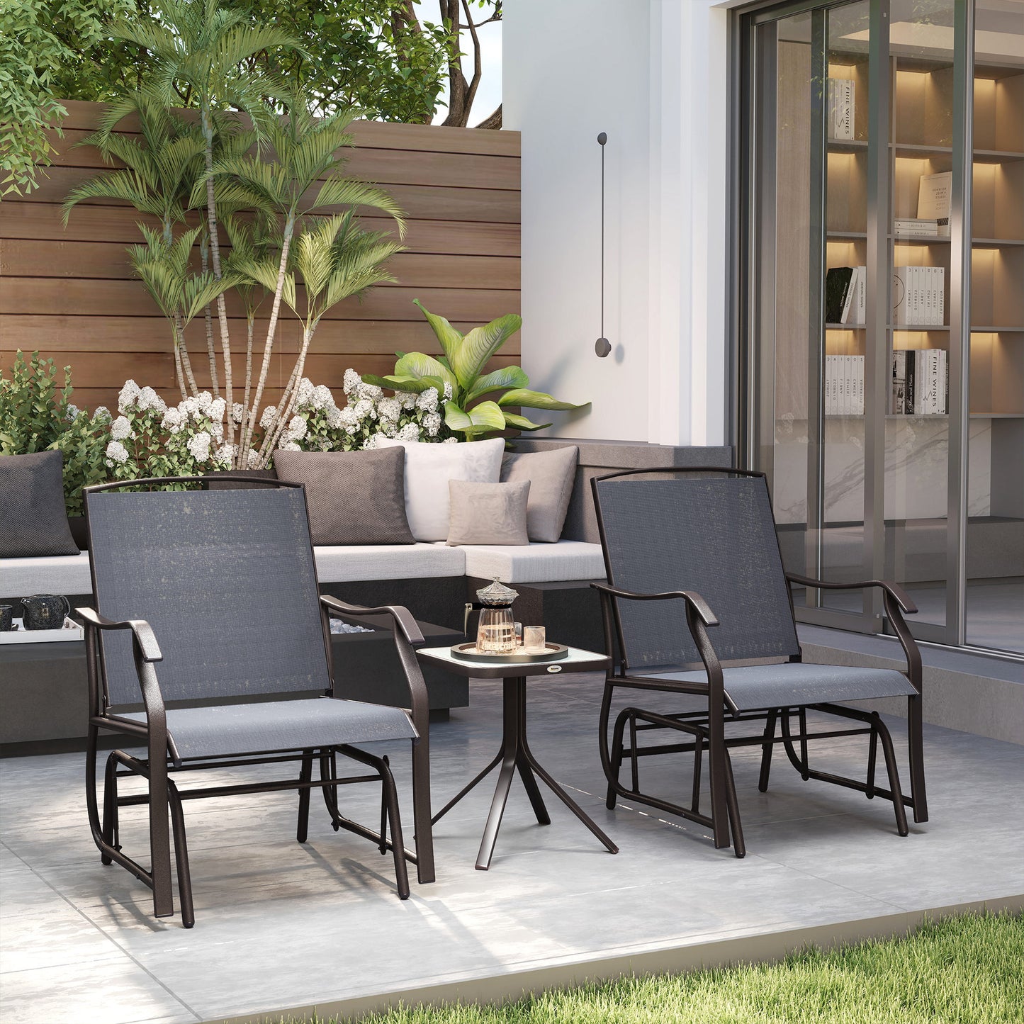 3-Piece Outdoor Glider Chair Set with Glass Coffee Table - Gray