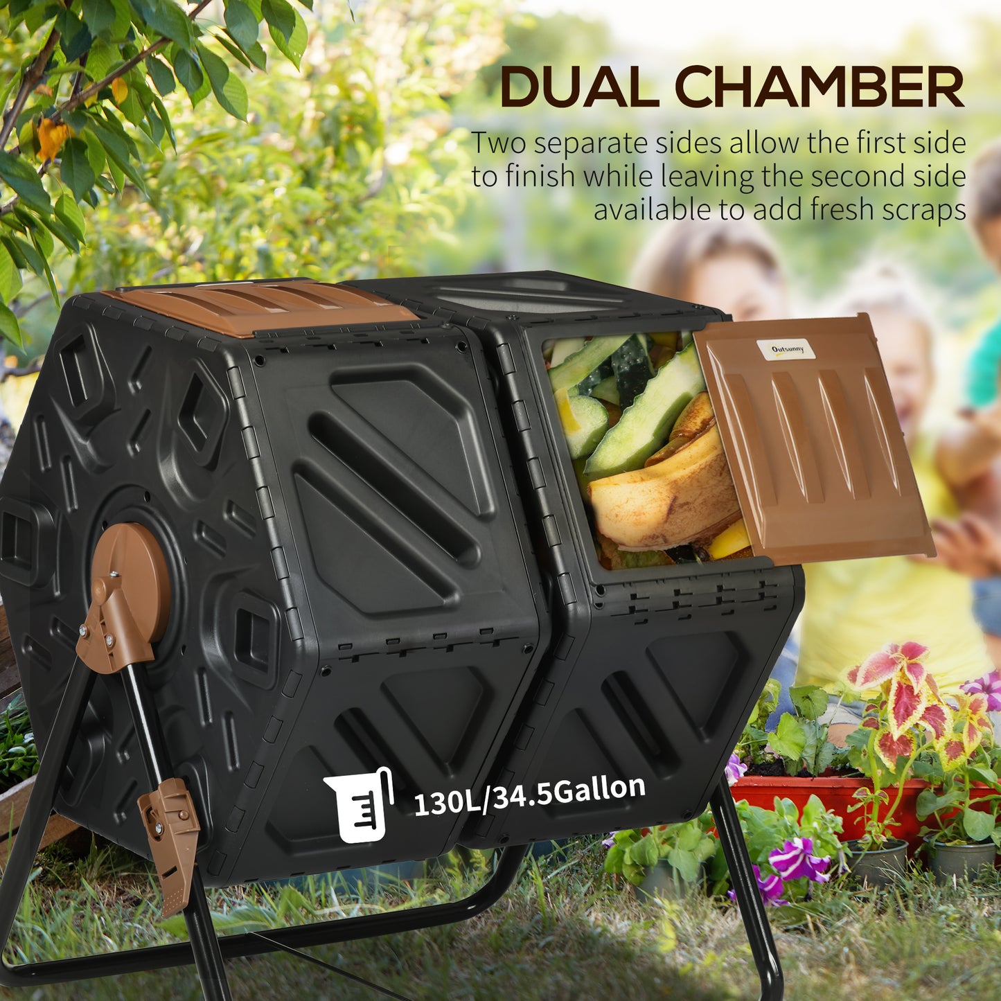 Dual Chamber Outdoor Compost Tumbler Bin 34.5 Gallon with Ventilation and Steel Legs