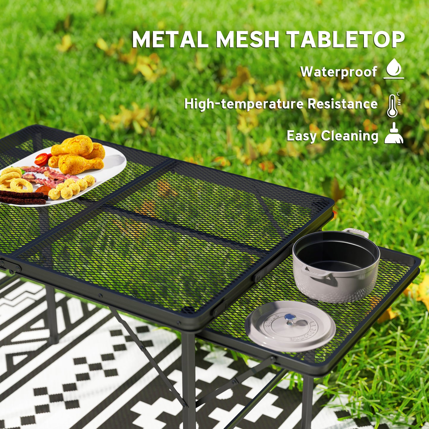 Portable Folding Camping Table - 4.5ft Height Adjustable with Wing Panels - Black