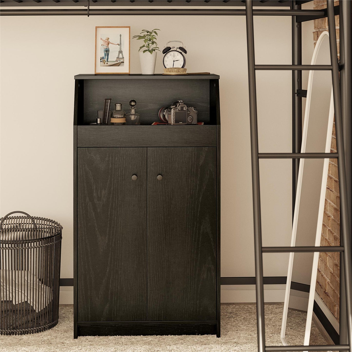 The Loft 2 Door Storage Tower - Black Fiberboard Cabinet