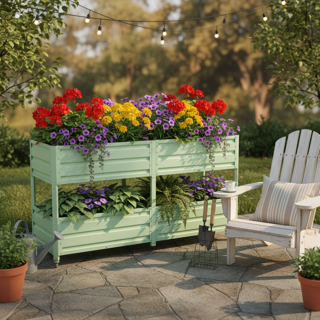 Dual Tier Elevated Metal Raised Garden Bed with Lockable Wheels