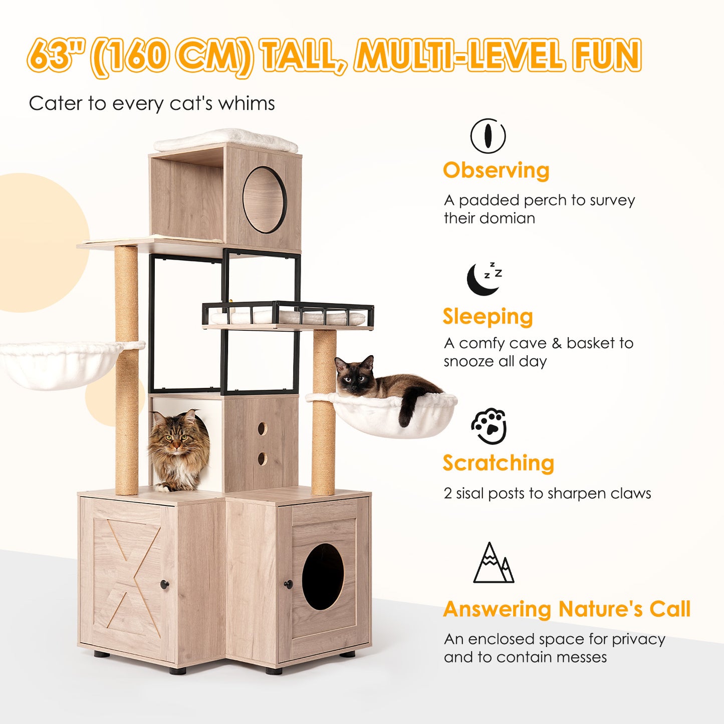 Multi-Functional Cat Tree with Litter Box, Scratching Posts & Washable Cushion - Rustic Gray