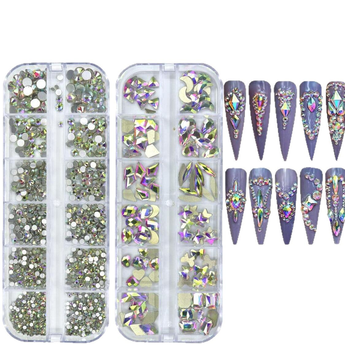 12-Grid Crystal Nail Art Decoration Set - Water Drop & Heart Shapes