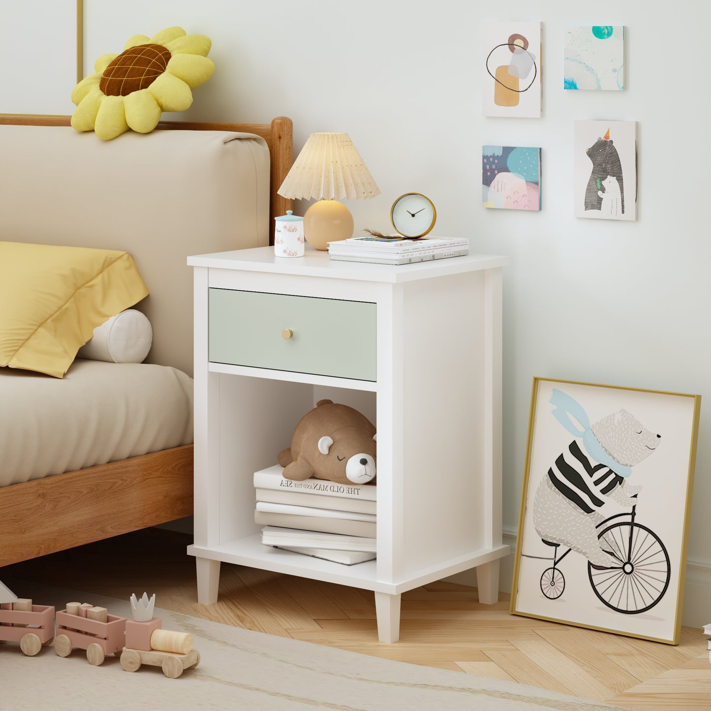 Wooden Nightstand with Drawer and Shelf - White & Green