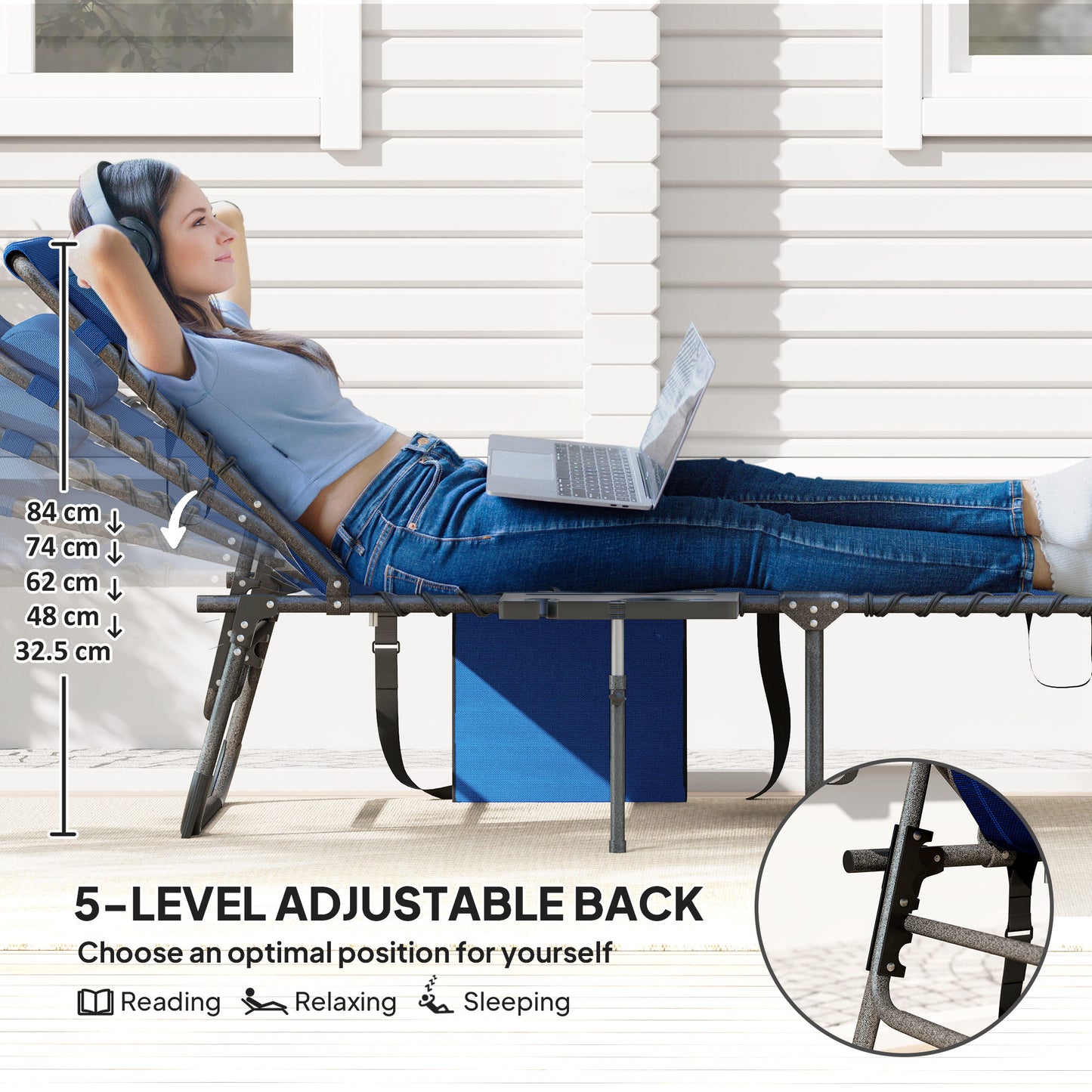 Folding Chaise Lounge Chair with Adjustable Back & Side Table - Dark Blue