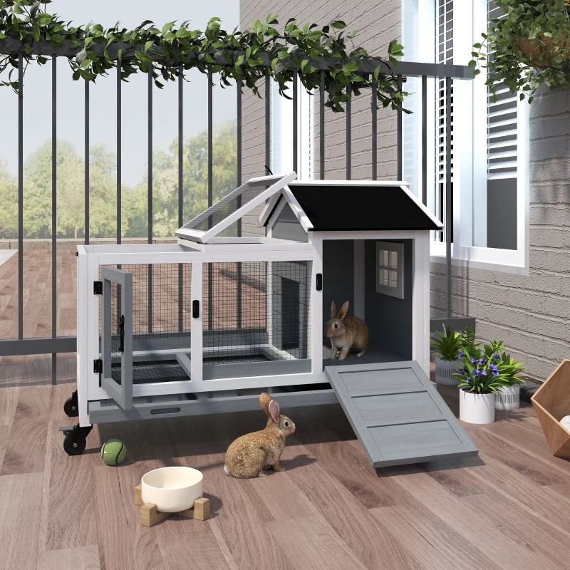 Wooden Rabbit Hutch with Wheels and Run - Small Animal Cage with Slide-Out Tray