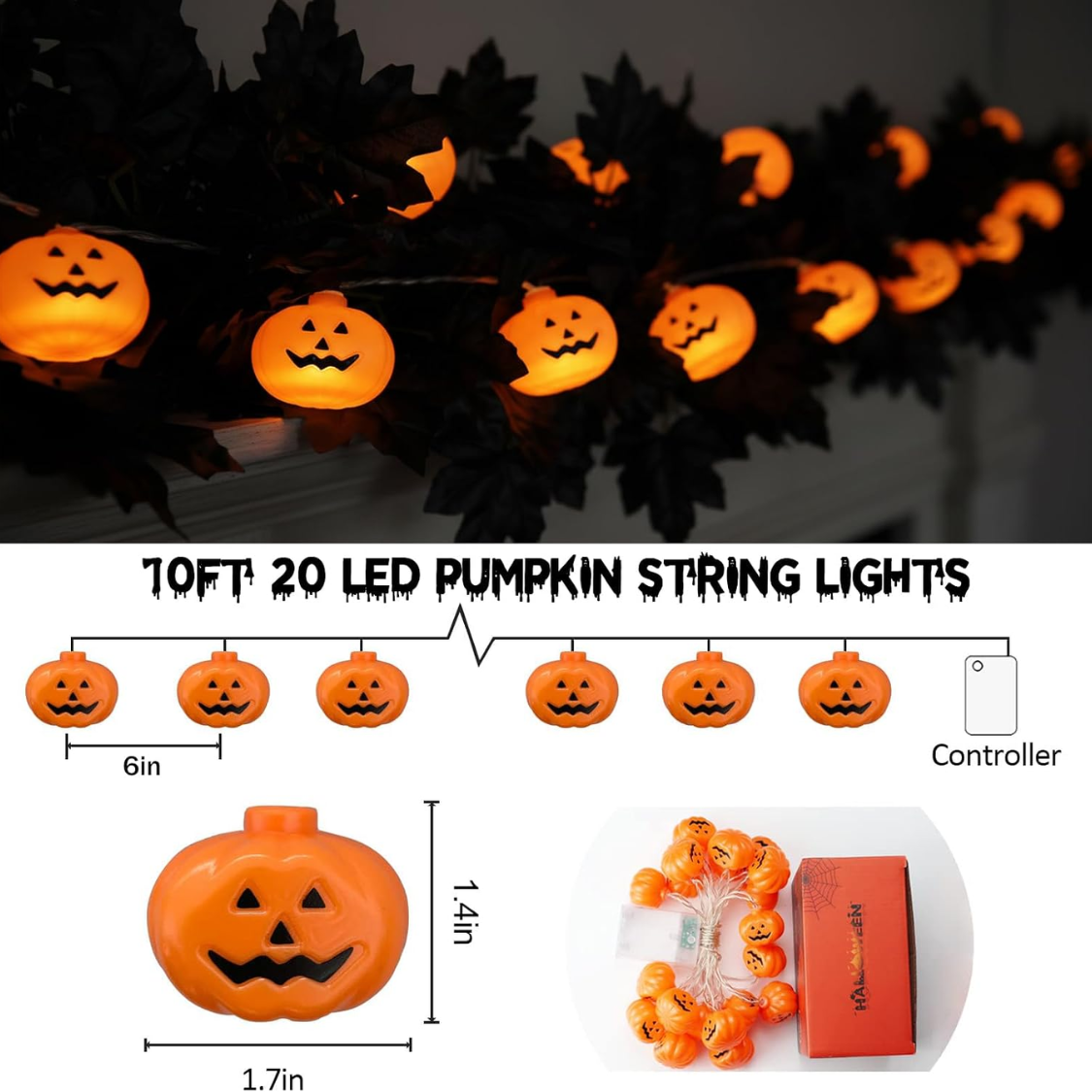 20 LED Pumpkin String Lights - 10 FT Waterproof Halloween Decor