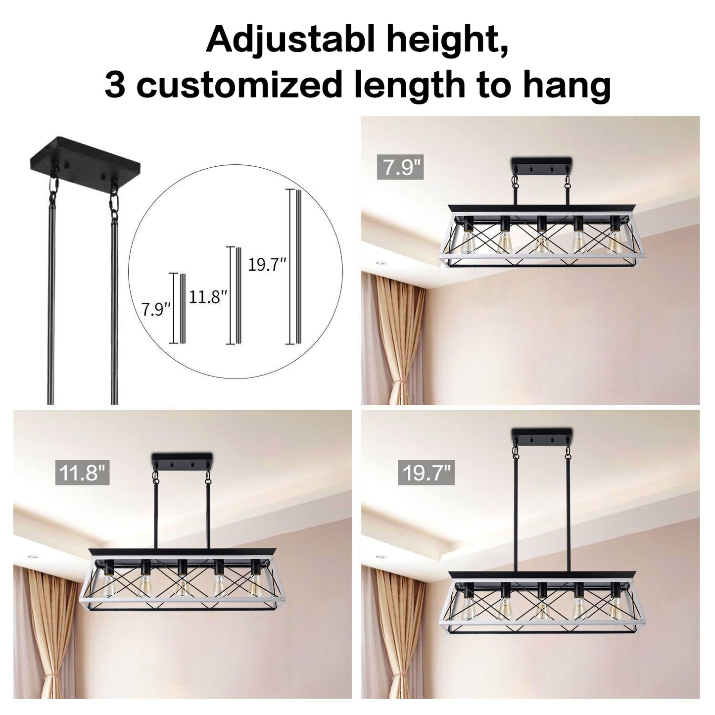 32-Inch Black & White Industrial 5-Light Pendant Chandelier - Adjustable Hanging Light