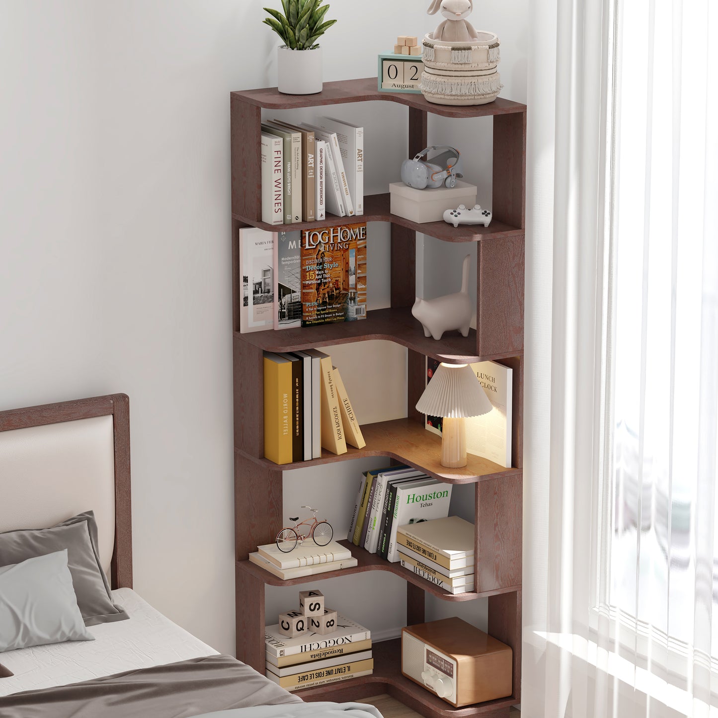 6 Tier Freestanding L-Shaped Corner Bookshelf For Living Room,