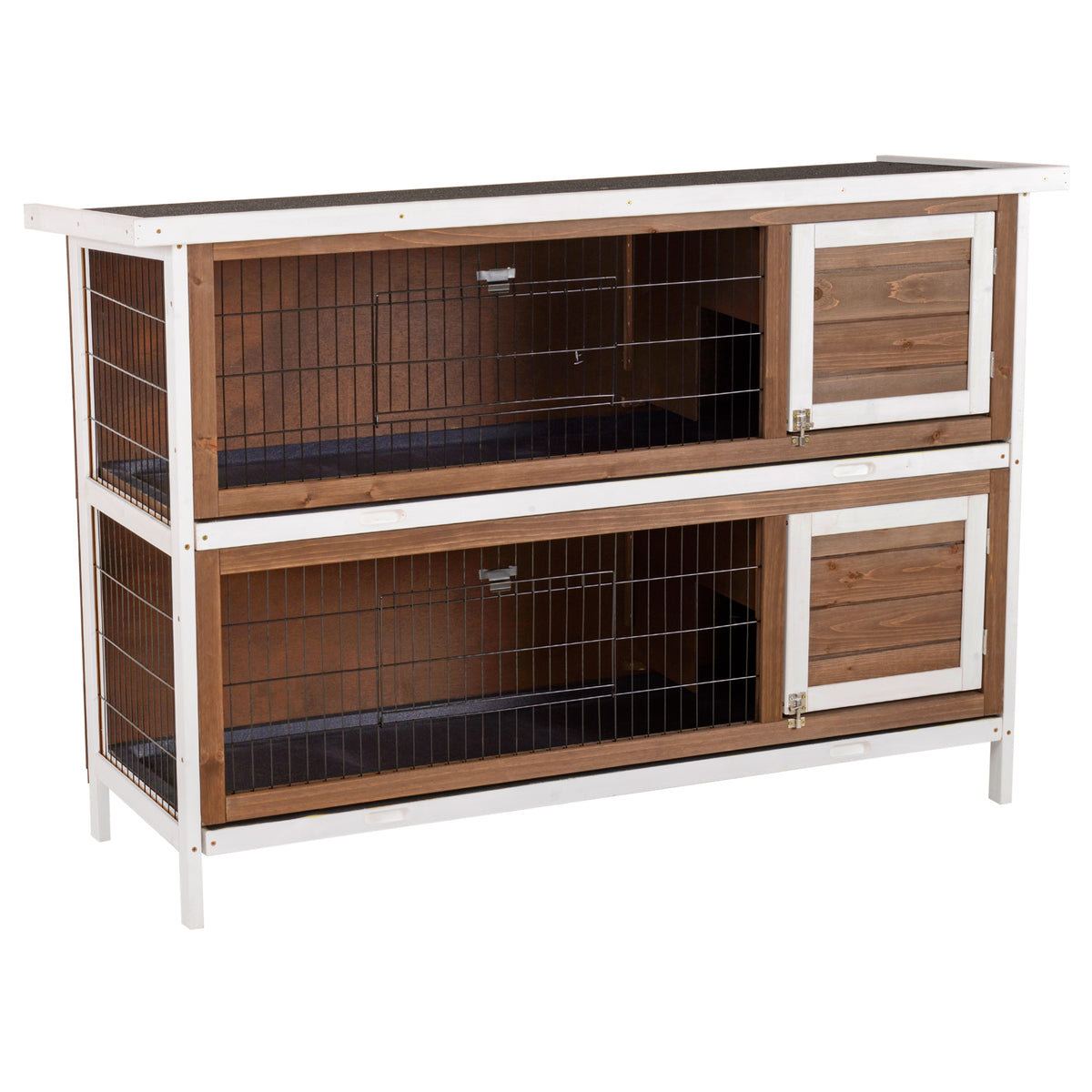 Wooden Rabbit Hutch with Dividers and Asphalt Roof - Small Animal Cage