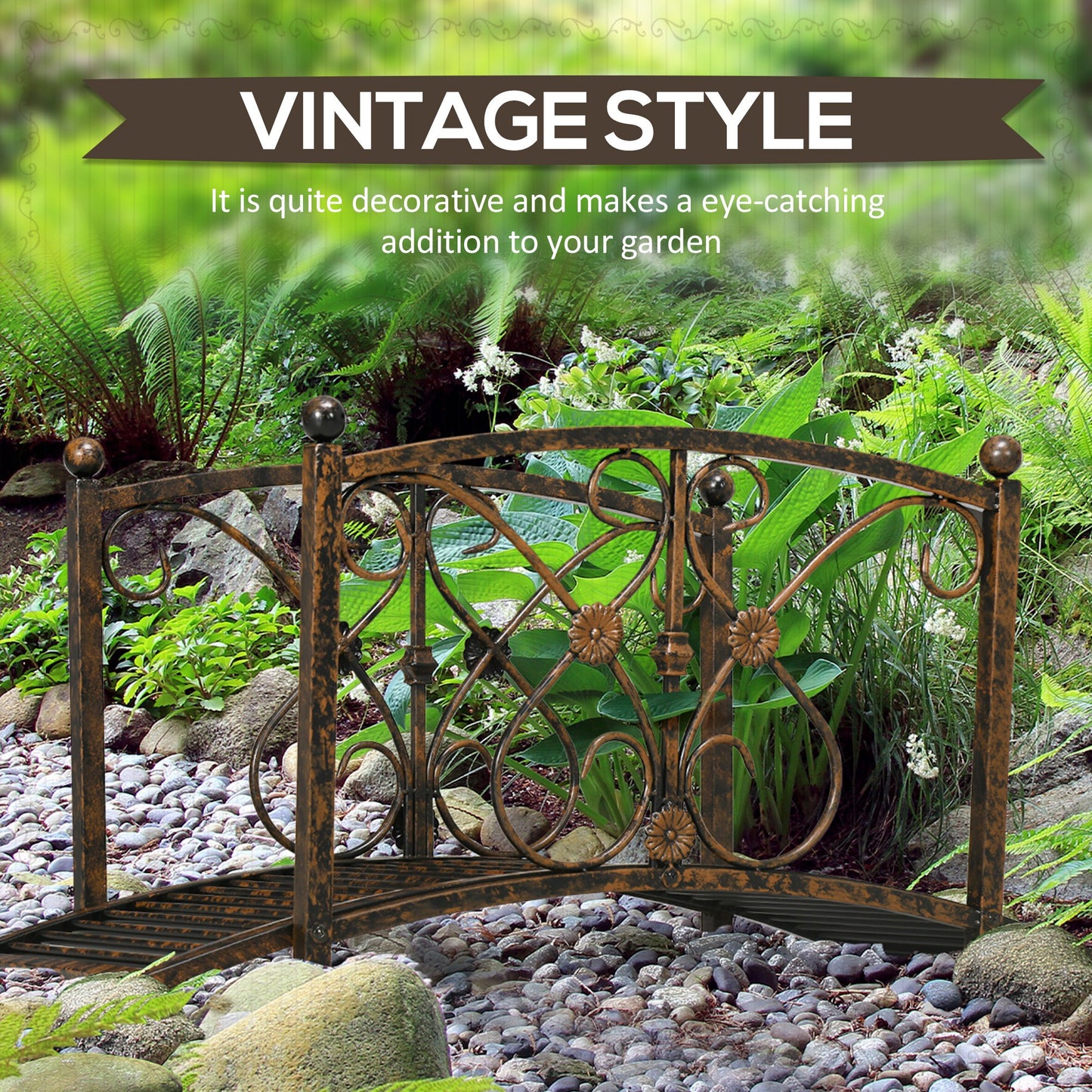Metal Garden Bridge with Safety Railings - Vintage Style Pond Footbridge Brown