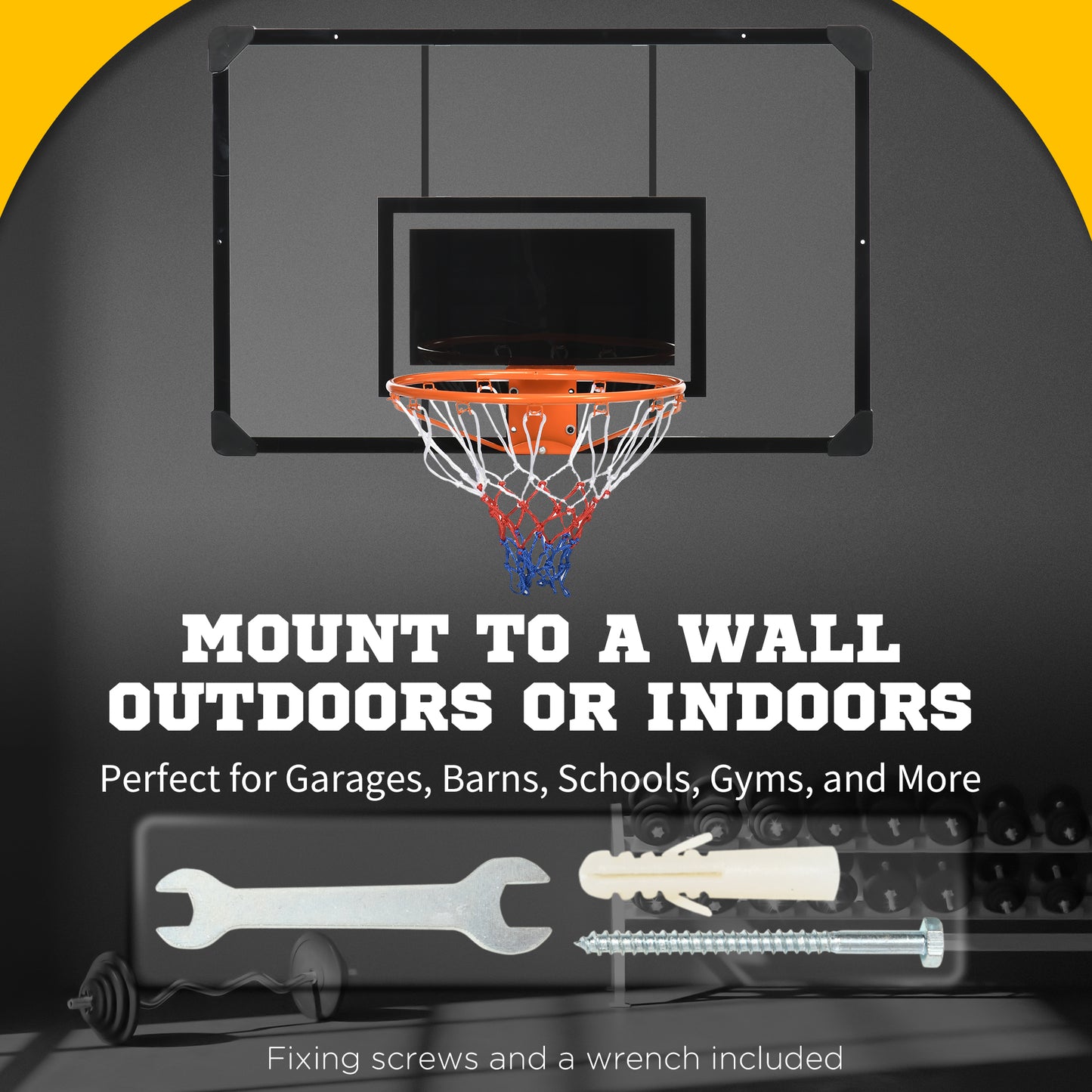 Wall Mounted Basketball Hoop - Shatterproof Backboard & All-Weather Net