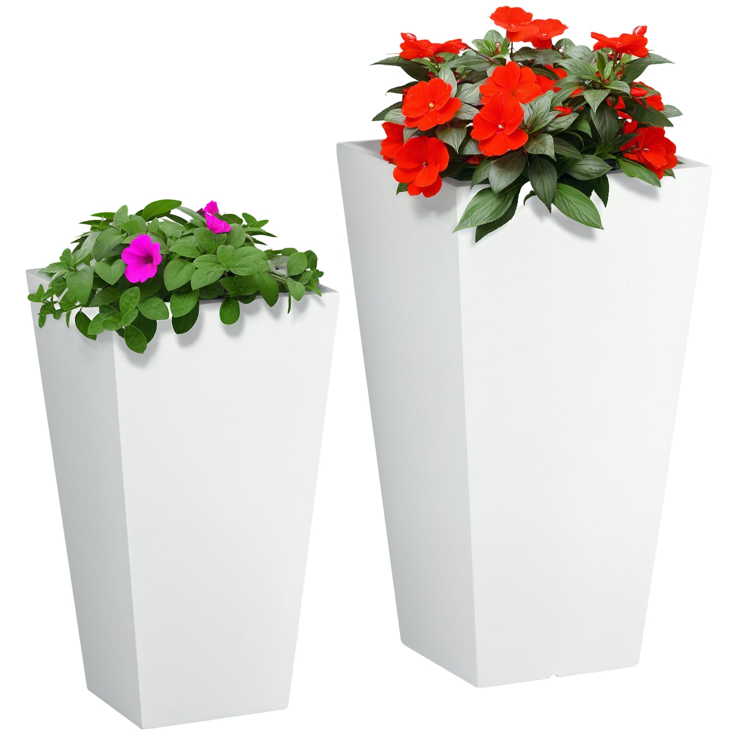 Outdoor Plant Pot Set with Drainage Holes - Large White Garden Planters, Stackable, 18in & 22in