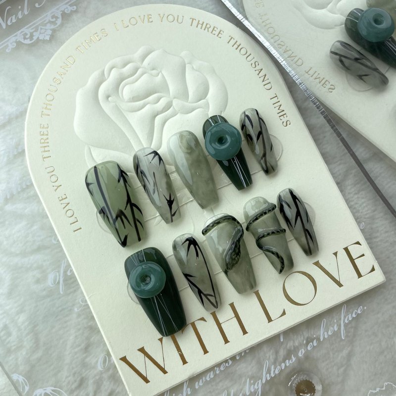 Green Snake Bamboo Shadow Nail Tips - Resin Nail Enhancement