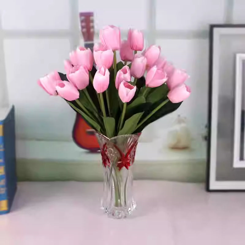 Artificial Tulip Flower Arrangement with Glass Vase - Home Decor Set
