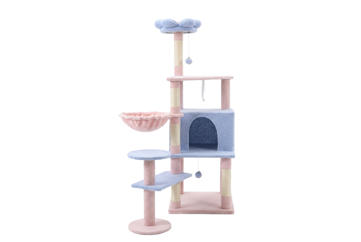 Flower Cat Tree with Large Condo, Removable Flower Cushion & Hammock - Blue