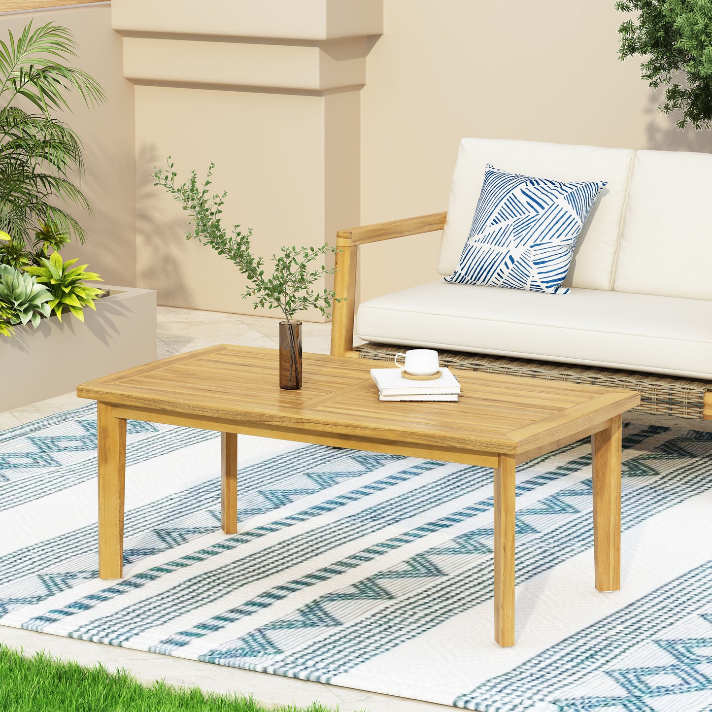 Outdoor Acacia Wood Rectangular Coffee Table, Teak, 43.25 W X 23.50 D