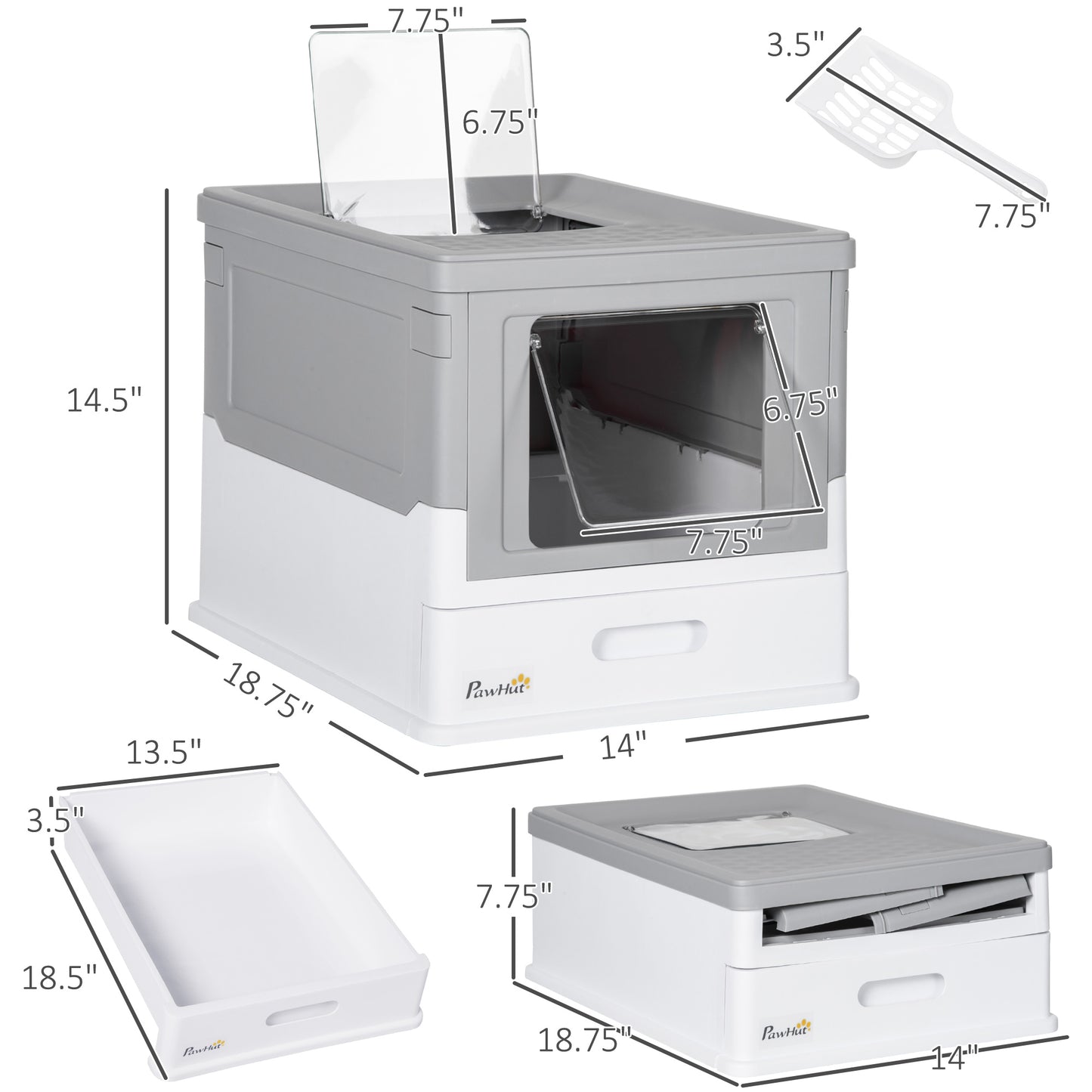 Enclosed Cat Litter Box with Front Entry and Roof Exit - Gray & White, 410x205x525 mm