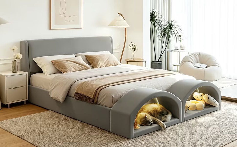 Queen Size Upholstered Platform Bed Frame with Dual Cat Caves & LED Pet Nests - Gray