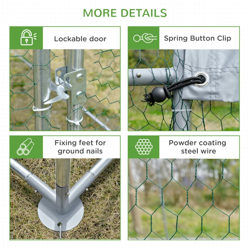 Large Metal Chicken Coop with Waterproof Cover - Walk-In Yard Fence, Silver