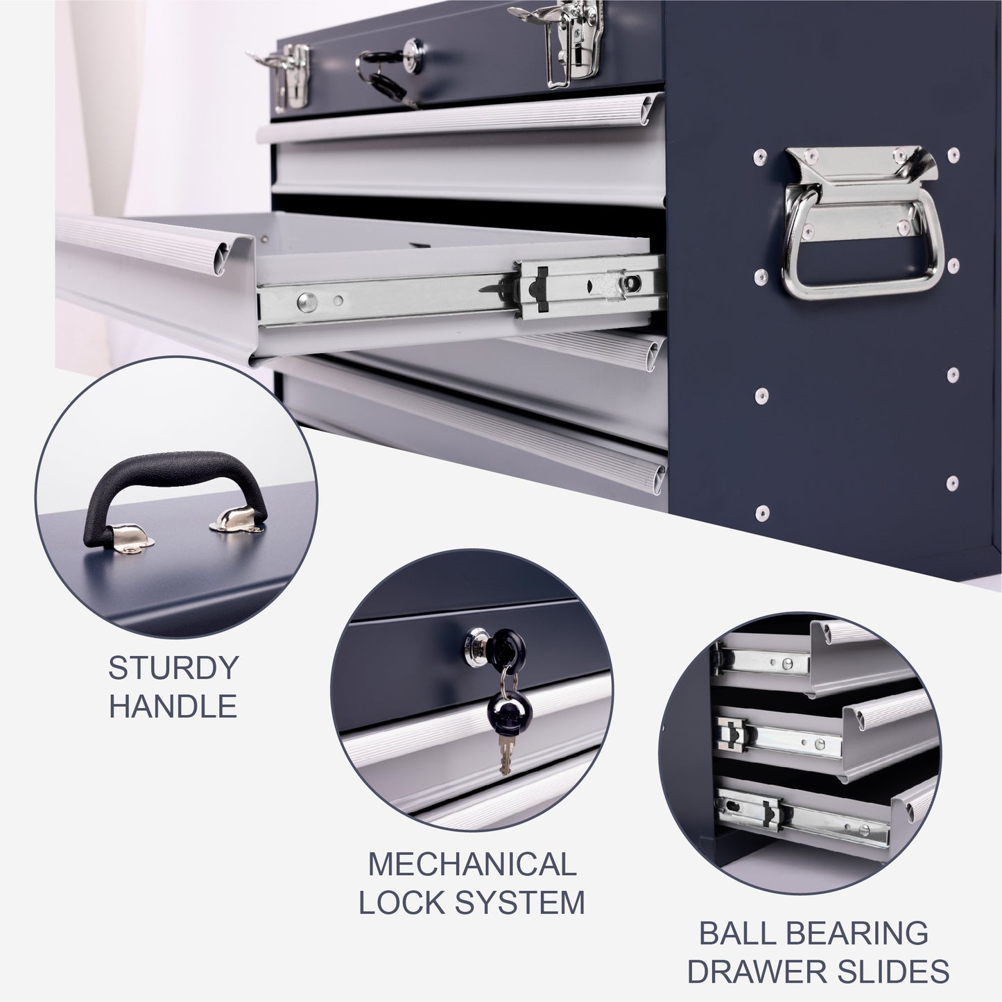 Heavy Duty Metal Tool Box 21-inch with 4 Drawers, Locking, EVA Liners, Antique Grey
