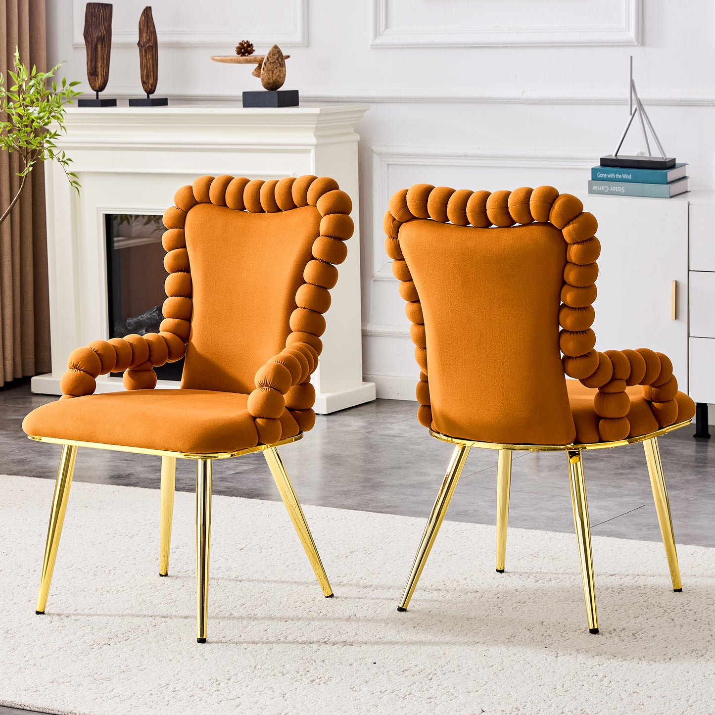 Set of 2 Orange Velvet Bubble Dining Chairs with Gold Legs
