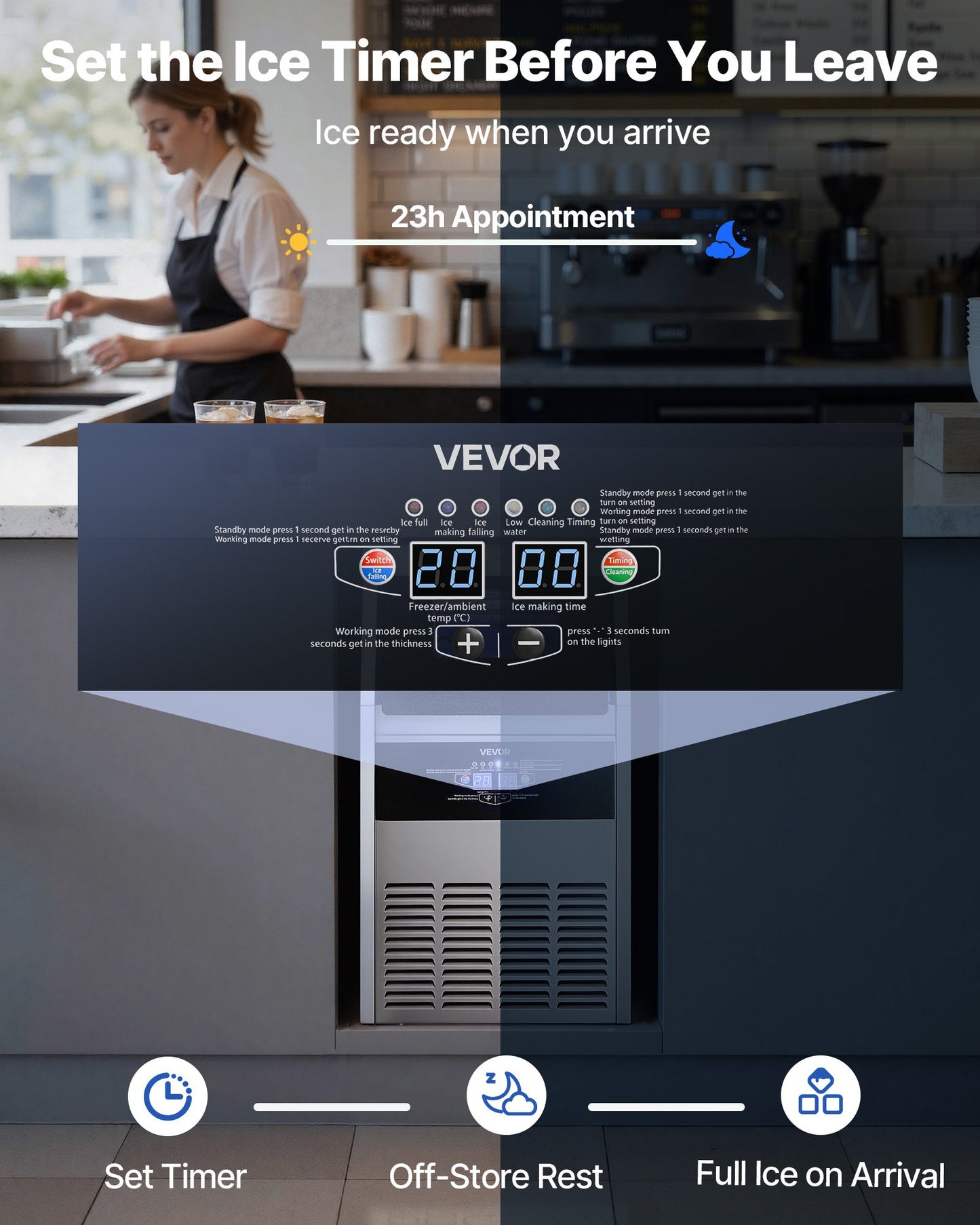 Commercial Ice Maker Machine 160Lbs/24h with 30Lbs Storage, Stainless Steel, LED Display, Self-Cleaning, Black