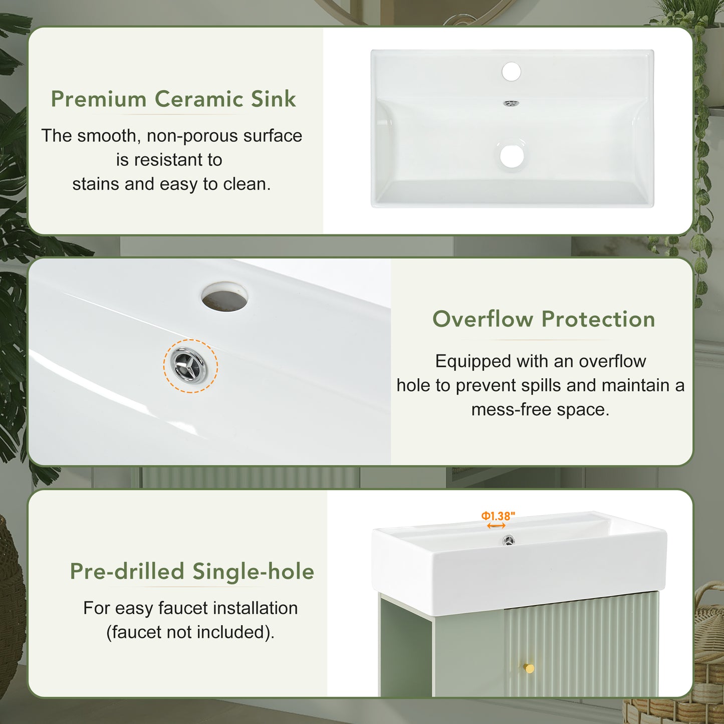 21.6 Inch Floating Bathroom Vanity with Ceramic Basin - Green