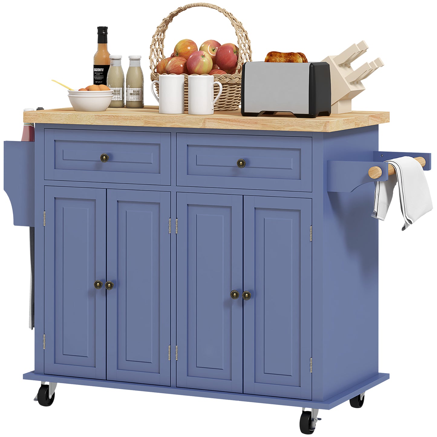 Rolling Kitchen Island on Wheels with Rubberwood Top and Storage - Navy Blue