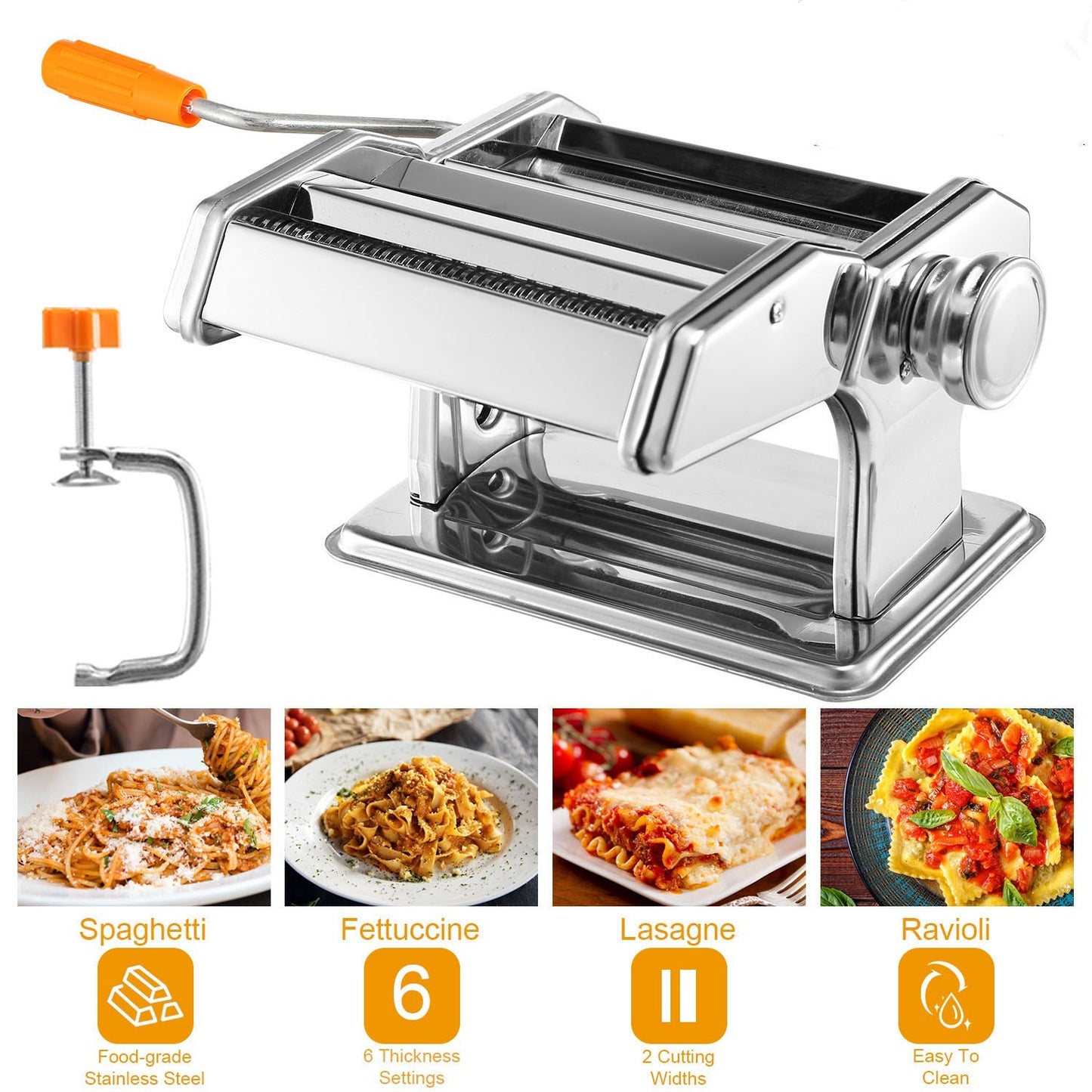 Stainless Steel Pasta Machine with 9 Thickness Settings