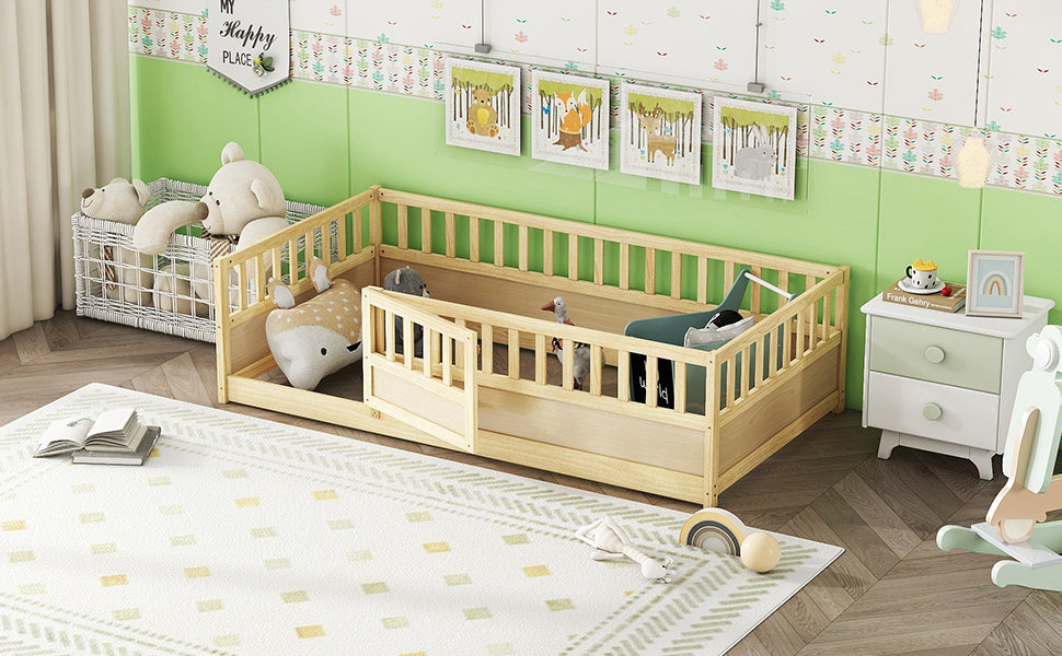 Twin Size Montessori Floor Bed Frame with Safety Barrier - Natural Wood