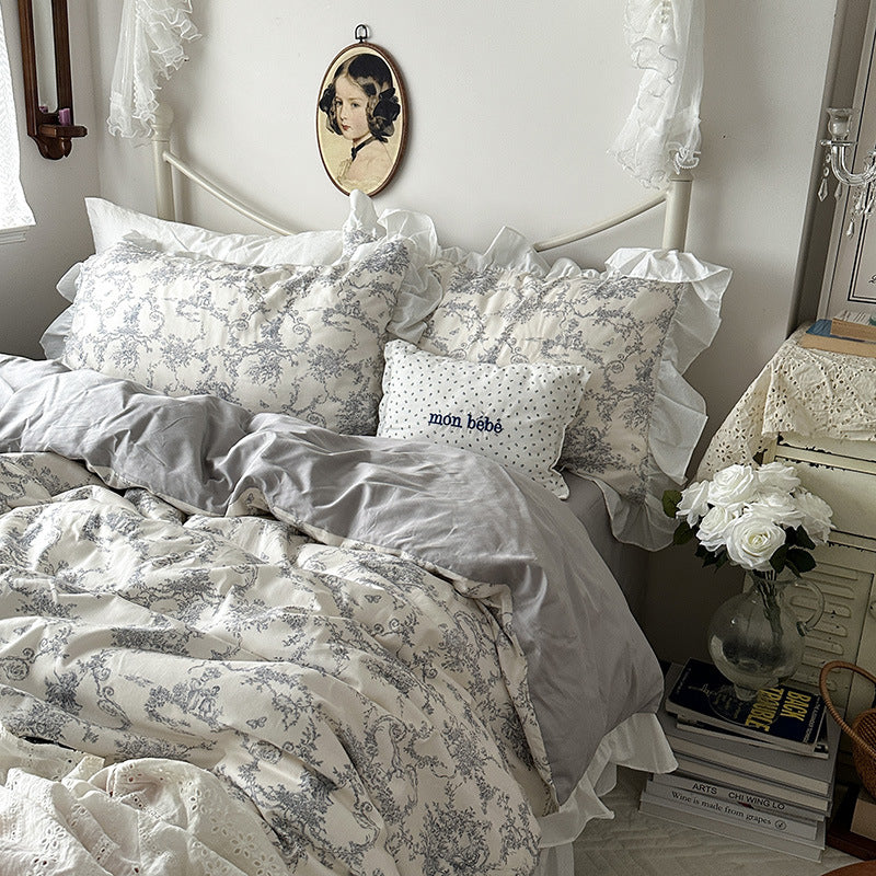 Princess Style Ruffled Cotton Bed Sheet Duvet Cover Set - Floral Minimalist Bedding
