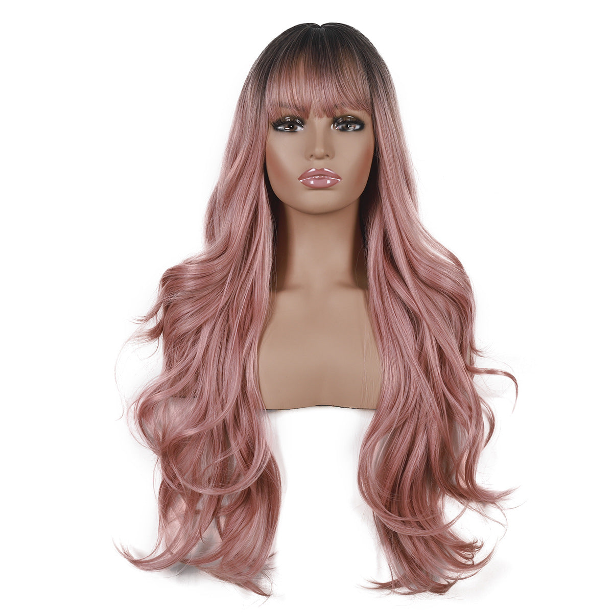 Long Curly Hair Wig with Bangs - Pink